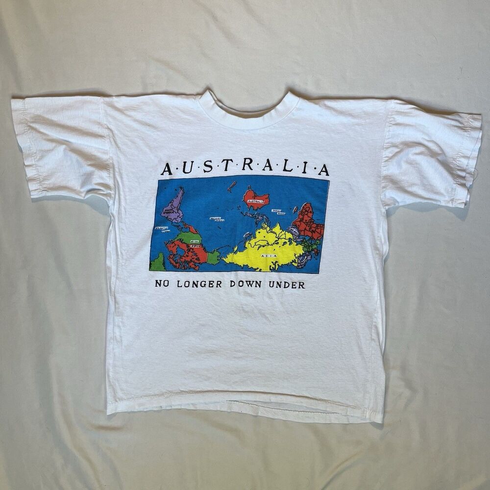 Vintage Australia T shirt L No Longer Down Under White Map Thin Single Stitch